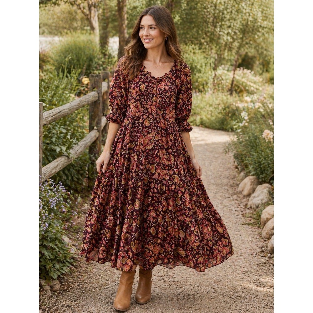 Dress Forum Burgundy‎ Floral Size Small Vintage Rose Ruffled Dress Los Angeles